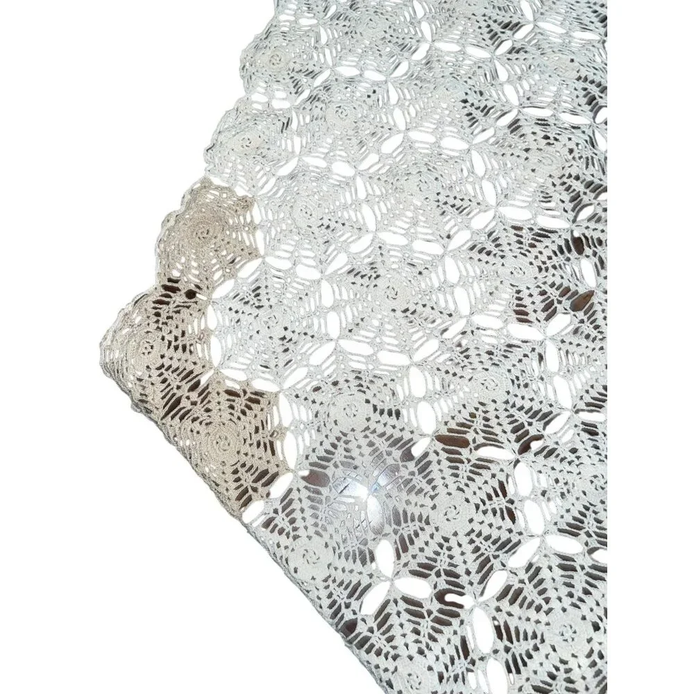 Vintage Handmade Crochet Tablecloth Used Cream Tan